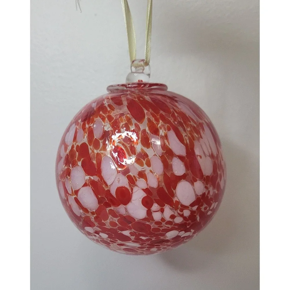 Red White Mottled Art Glass Ball Christmas Ornament‎ Hand Blown Round 4 Inch